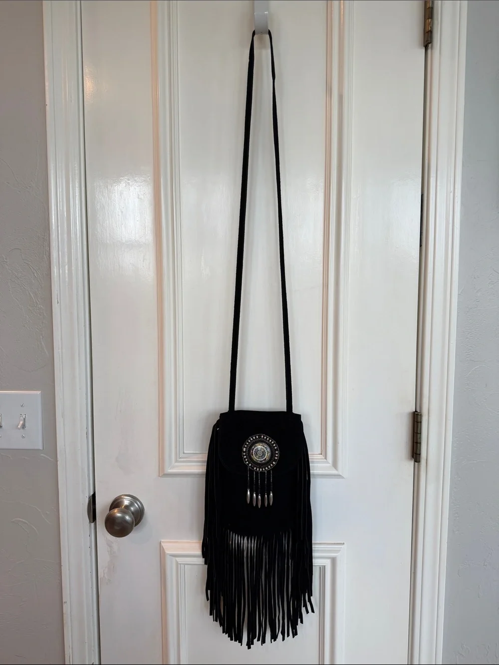 Black Fringe Crossbody Bag with Decorative Chic Boho Western Medallion Accent